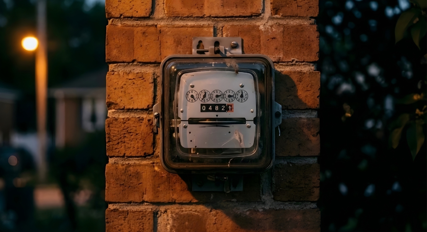 Electric meter on the side of a suburban home at dusk