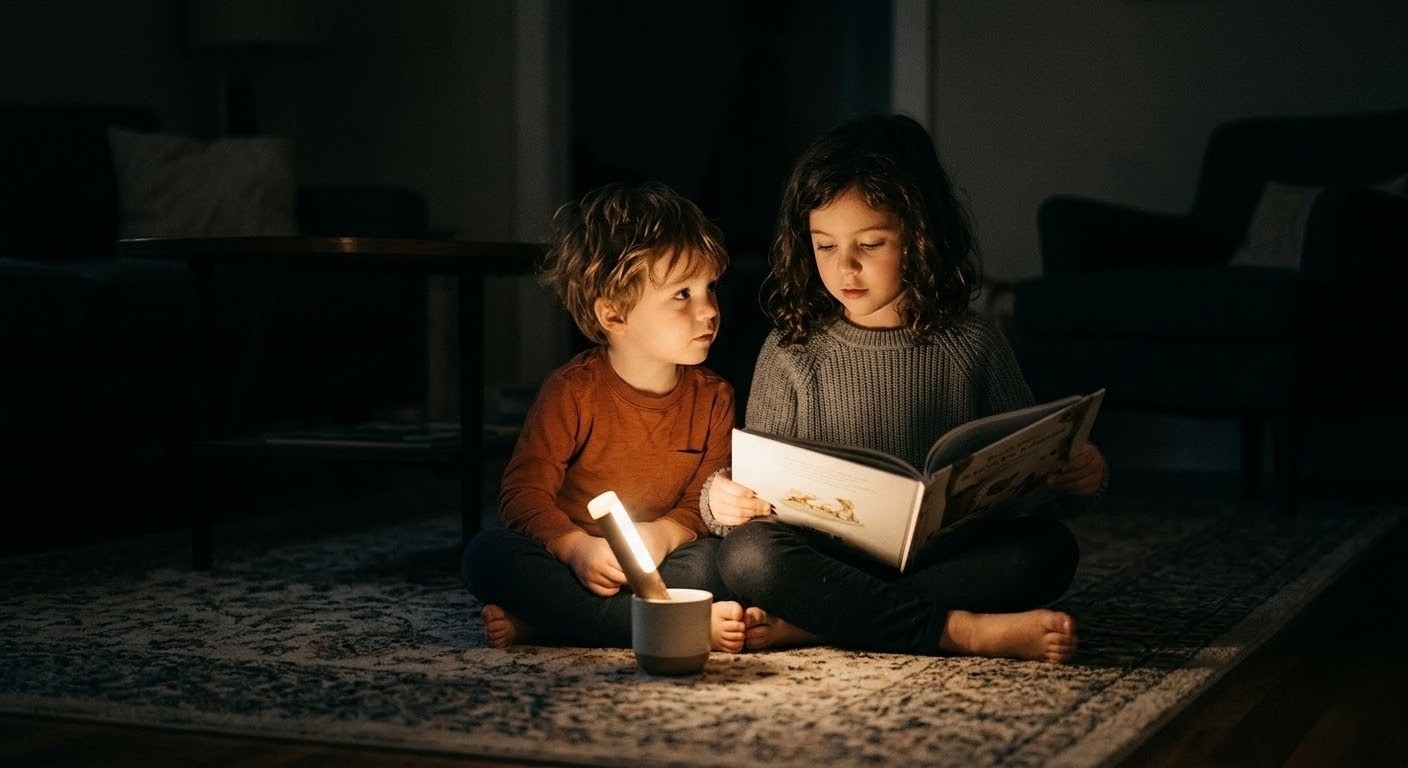 Young children doing homework by flashlight during a power outage at home