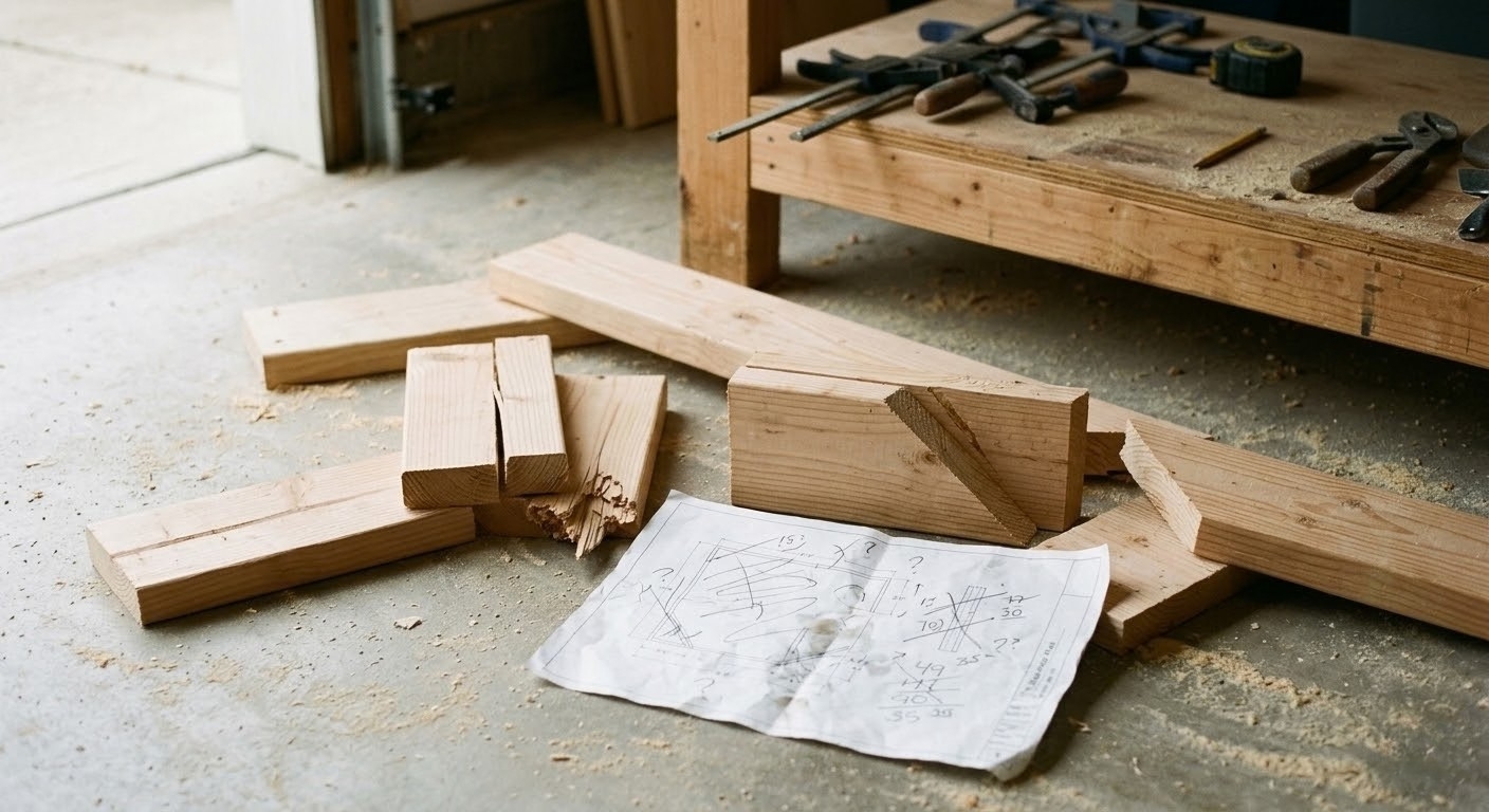 Split and miscut lumber pieces on a workshop floor next to a half-built wooden shelf