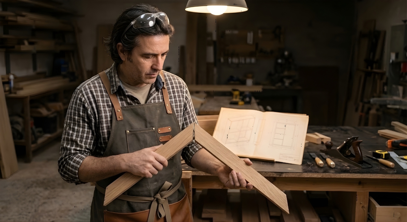 Woodworker standing with arms crossed looking at a misaligned joint on a half-built cabinet