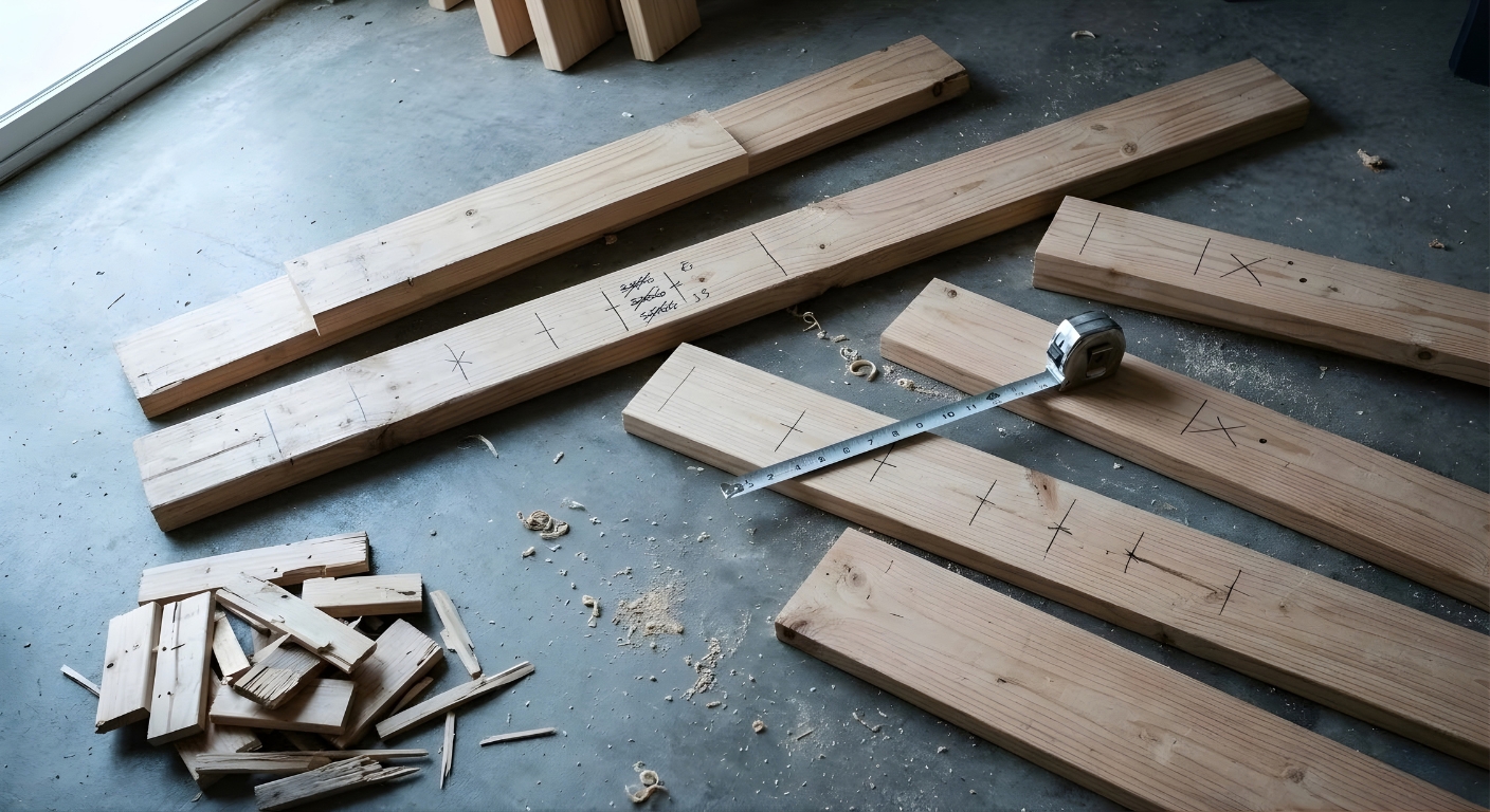 Lumber pieces with pencil measurements marked, some crossed out and re-marked on workshop floor
