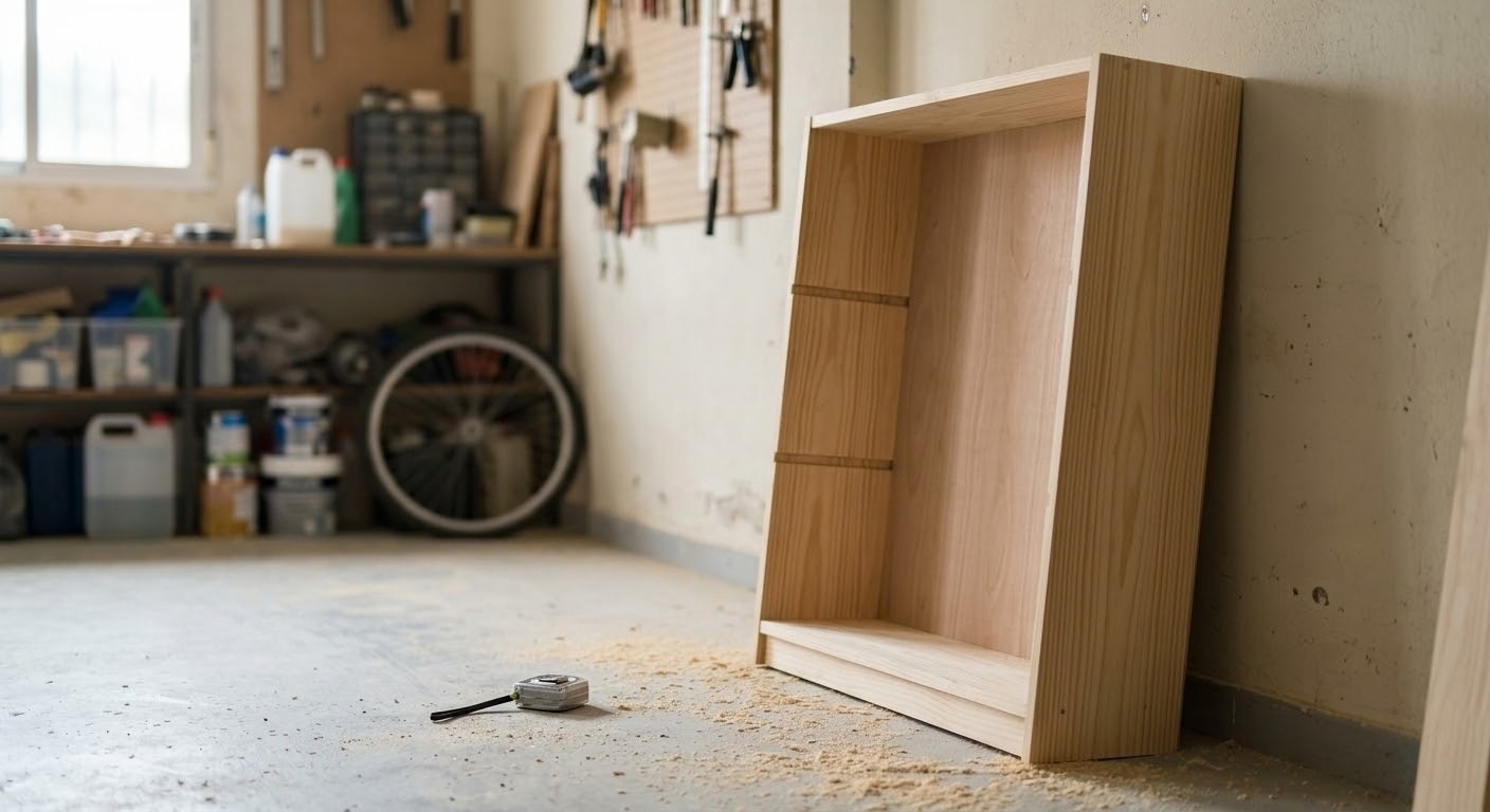 Unfinished wooden bookcase frame leaning against garage wall with sawdust on floor around it