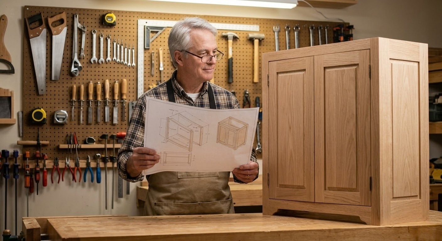 Woodworker in workshop reviewing printed plans against a nearly-completed wooden cabinet
