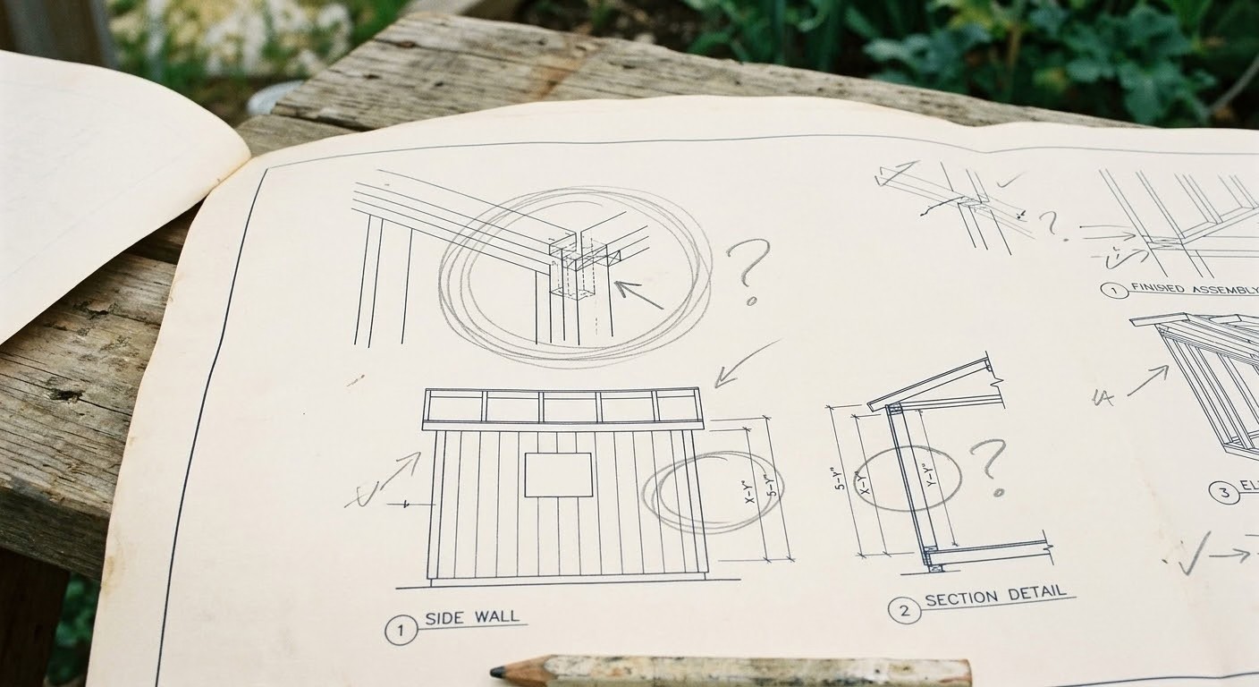 Close-up of shed plan blueprint with confusing overlapping lines and unclear measurements