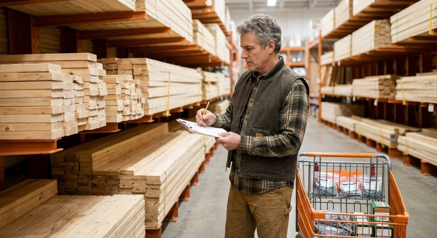 Person at hardware store lumber section holding printout and checking lumber against a list