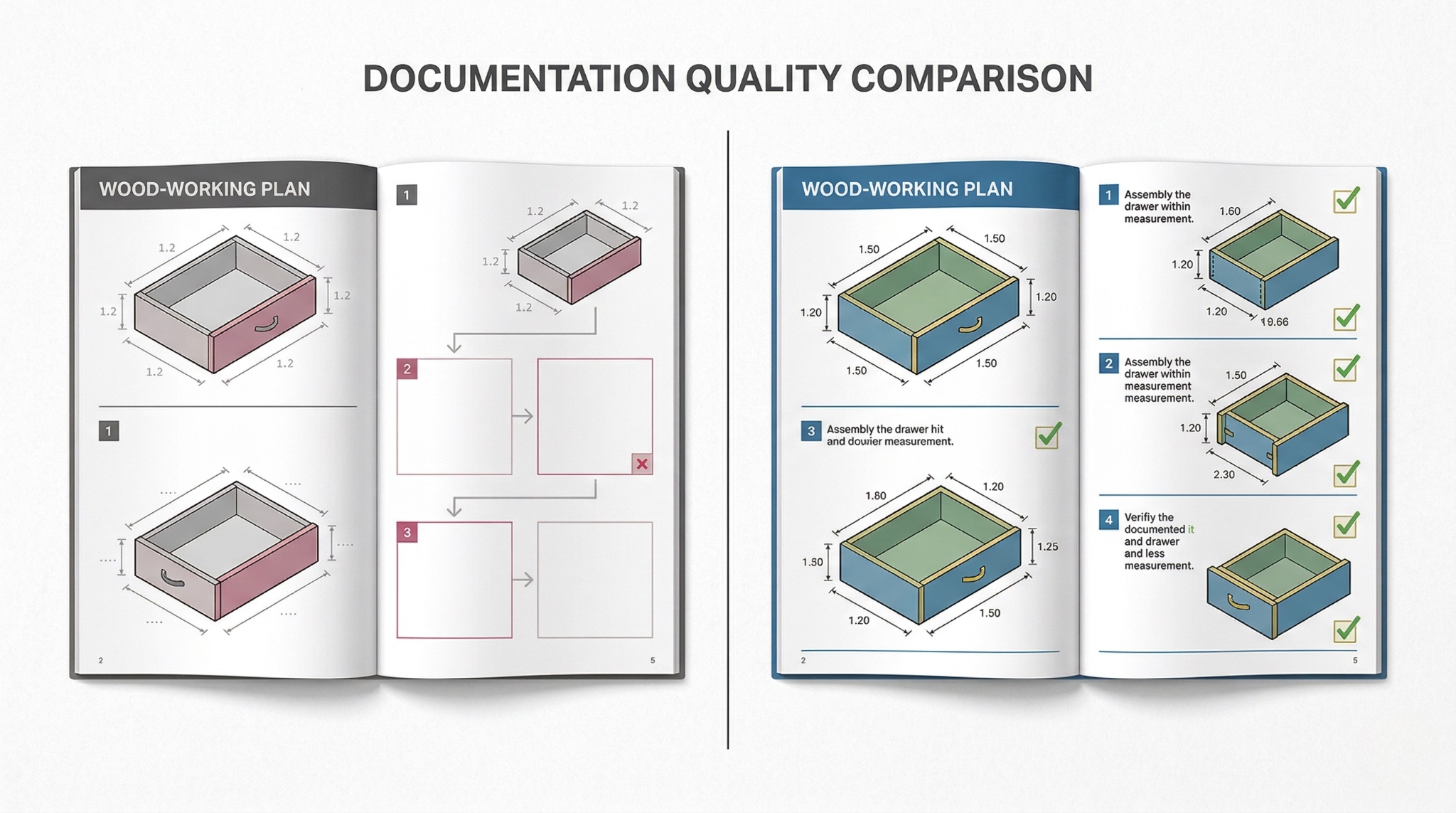 Split-screen comparison of an incomplete woodworking plan diagram versus a fully tested step-by-step plan with verified measurements and clear assembly sequence