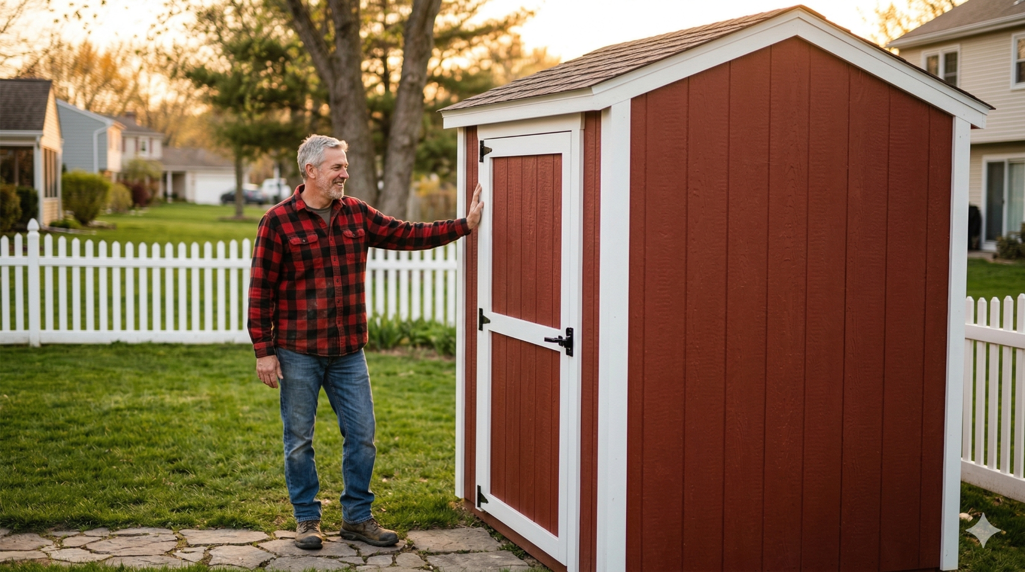 Man in his 50s smiling proudly next to a beautifully finished storage shed he built himself, golden hour light, genuine sense of accomplishment